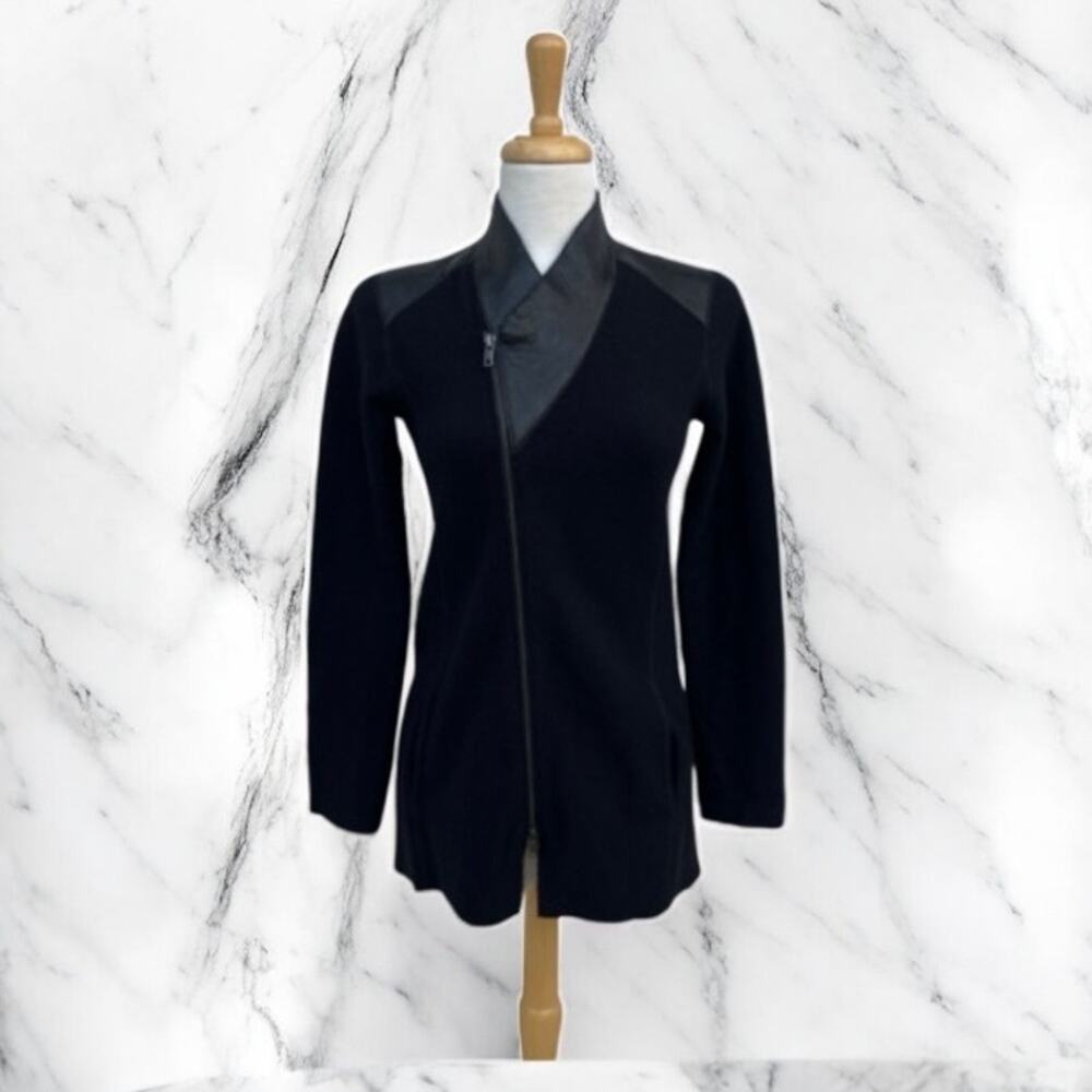 Eileen Fisher Moto Jacket Long Sz‎ PP Petite Merino Wool Leather Zip Minimalist